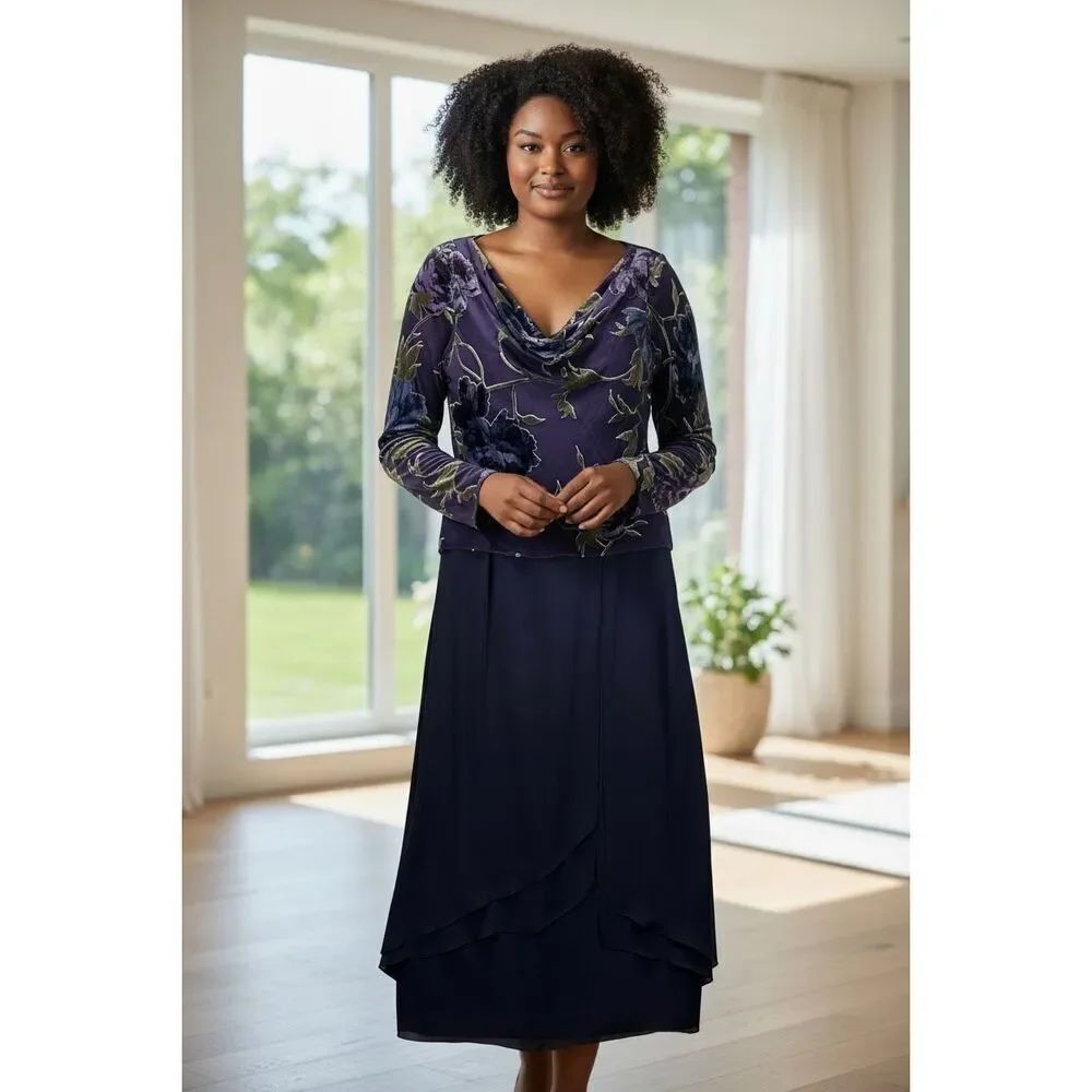 David's Bridal Silk Blend Sheer Burnout Purple Plum Velvet Floral Gown 14  NWT